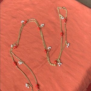 Gold necklace 52” with red enamel beads & pearls